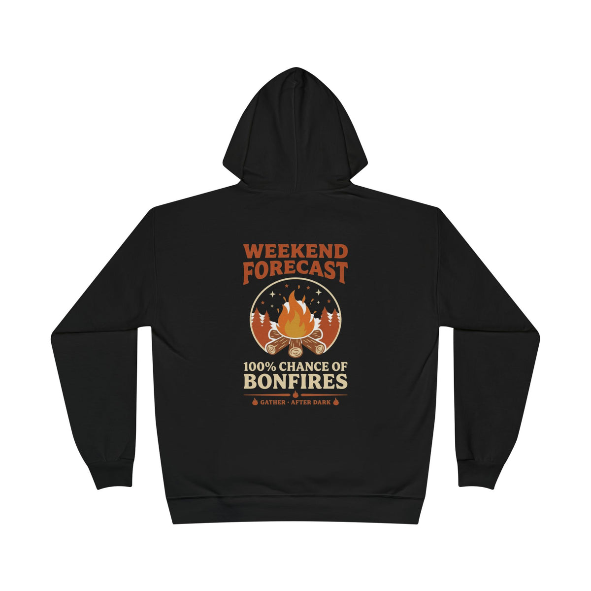 Campfire Hoodie — Retro 70s Bonfire Print, "Gather After Dark", Weekend Forecast Camping Gift Black Pullover