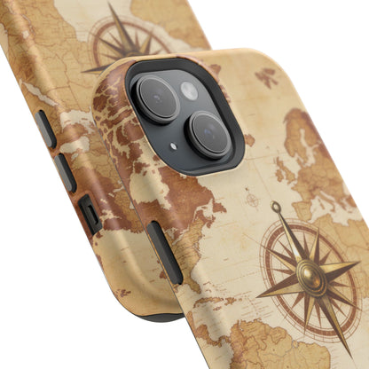 Vintage World Map Compass Phone Case — Nautical Explorer Impact-Resistant Case