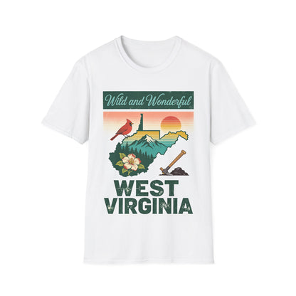 Wild and Wonderful West Virginia T-Shirt | Cardinal State Outline Sunset