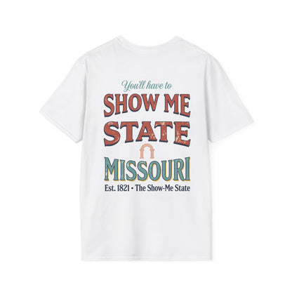 The Show-Me State Missouri T-Shirt | Retro State Outline with Arch