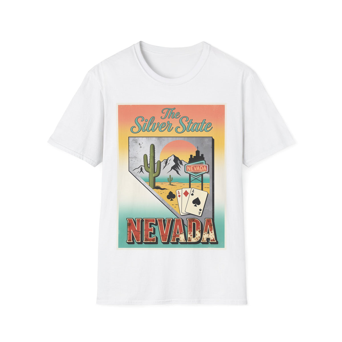 The Silver State Nevada T-Shirt | Retro Desert Cactus Sunset Poker Design