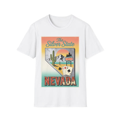 The Silver State Nevada T-Shirt | Retro Desert Cactus Sunset Poker Design