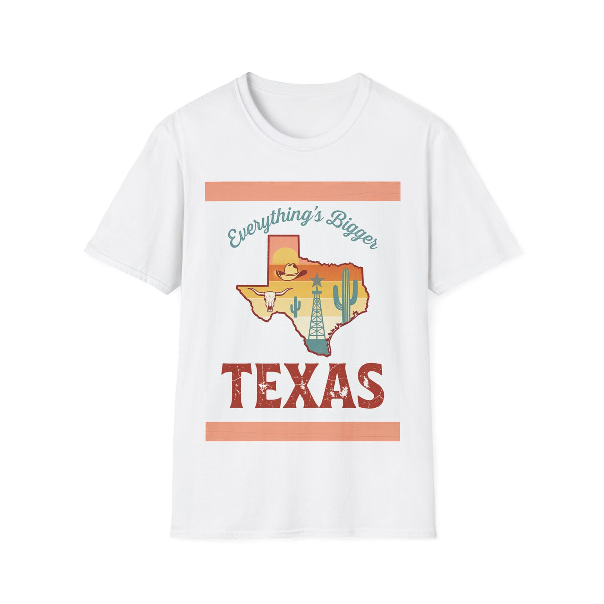 Everything's Bigger Texas T-Shirt | Retro State Outline with Cactus & Sunset