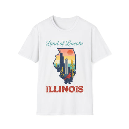 Land of Lincoln Illinois T-Shirt | State Skyline Retro Sunset