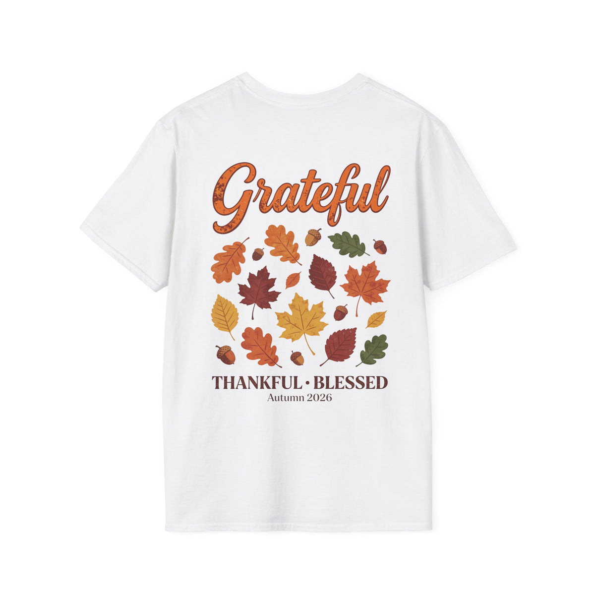 Grateful T-Shirt — Vintage Cursive Fall Leaves Thanksgiving Tee