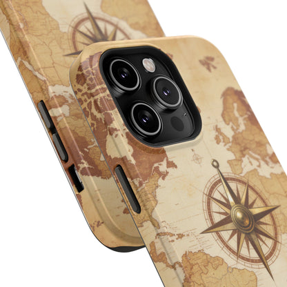 Vintage World Map Compass Phone Case — Nautical Explorer Impact-Resistant Case