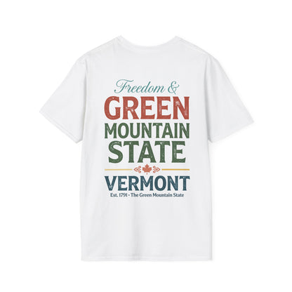 Vermont Green Mountain State T-Shirt | Retro Sunset Maple Cow Design