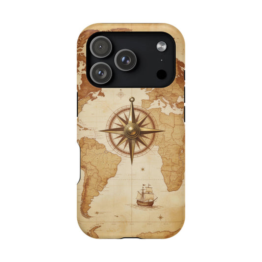 Vintage World Map Compass Phone Case — Nautical Explorer Impact-Resistant Case