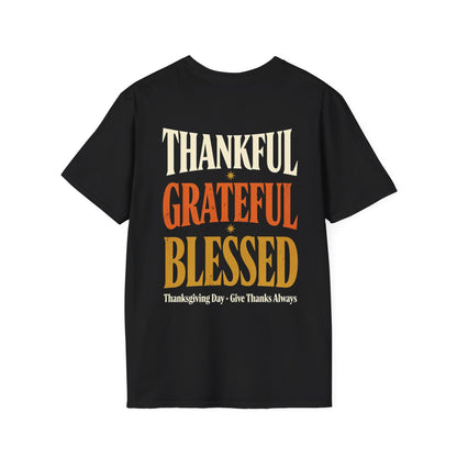 Thankful Grateful Blessed T-Shirt — Vintage Stacked Typography Black Tee