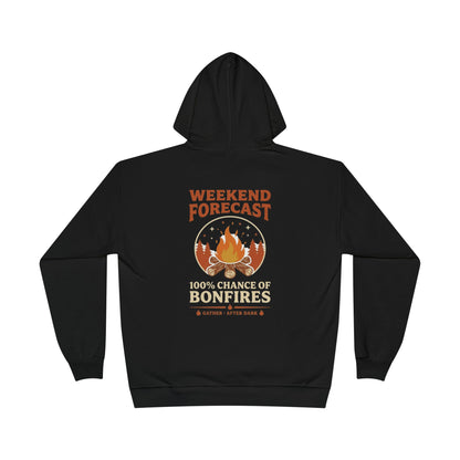 Campfire Hoodie — Retro 70s Bonfire Print, "Gather After Dark", Weekend Forecast Camping Gift Black Pullover
