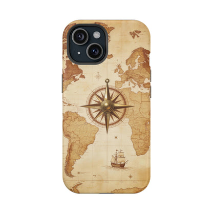 Vintage World Map Compass Phone Case — Nautical Explorer Impact-Resistant Case