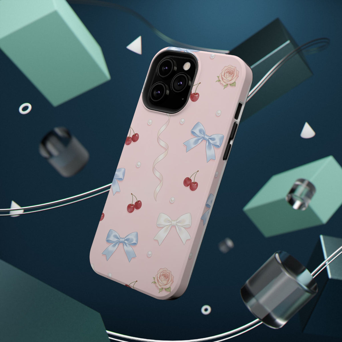 Pink Ribbon & Cherry Impact Phone Case — Cute Floral Bow Protective Case