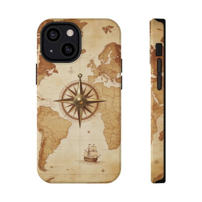 Vintage World Map Compass Phone Case — Nautical Explorer Impact-Resistant Case