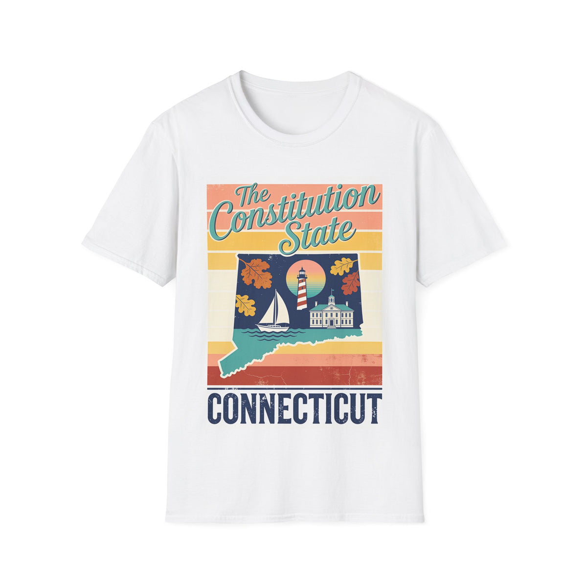 Connecticut retro state design T-Shirt | The Constitution State, lighthouse, leaves