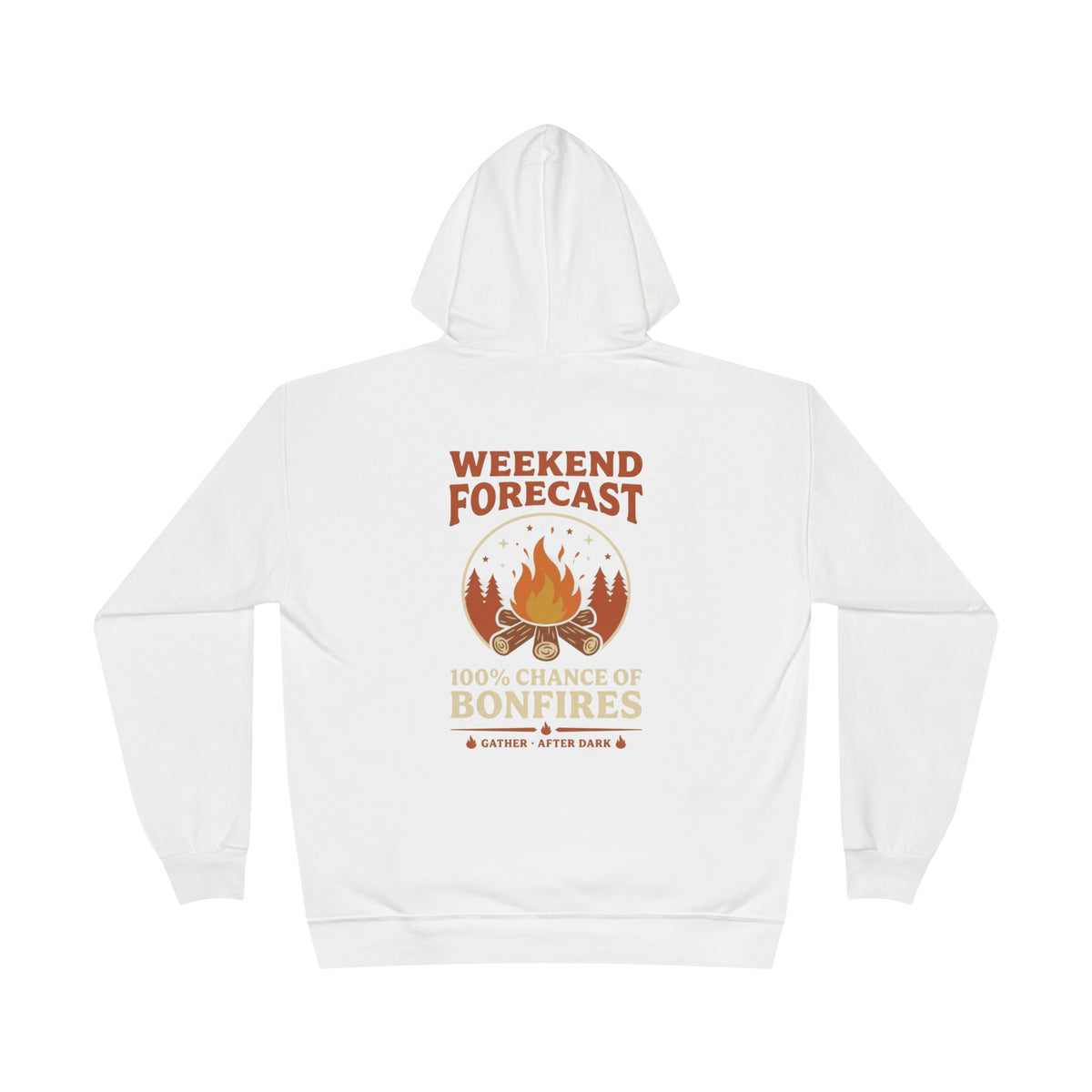 Campfire Lover Hoodie — Retro 70s Bonfire Print, "Gather After Dark", Weekend Forecast Camping Gift White Pullover
