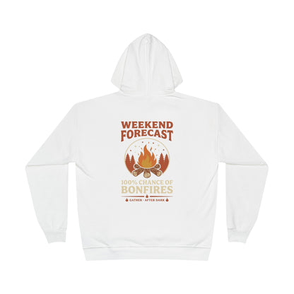Campfire Lover Hoodie — Retro 70s Bonfire Print, "Gather After Dark", Weekend Forecast Camping Gift White Pullover