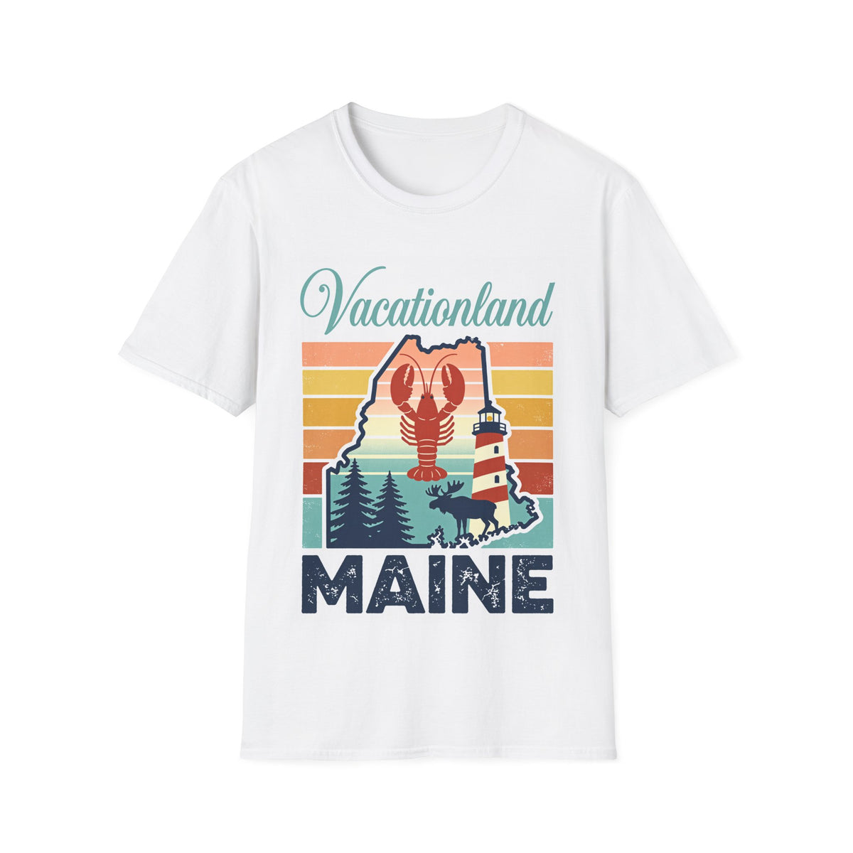 Vacationland Maine T-Shirt | Lobster Lighthouse Retro Design
