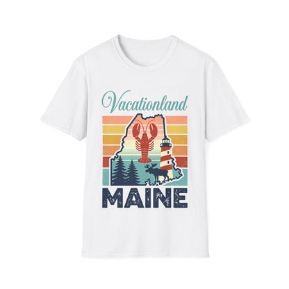 Vacationland Maine T-Shirt | Lobster Lighthouse Retro Design