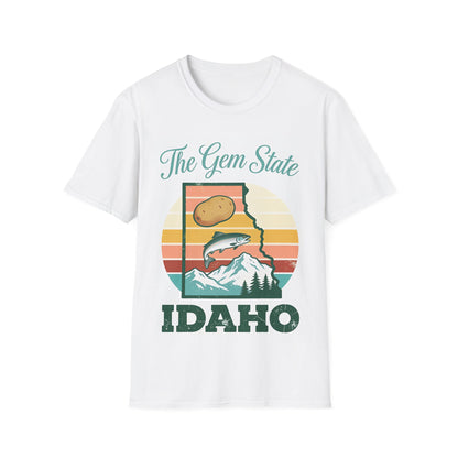 The Gem State Idaho Potato T-Shirt | Retro Mountain Sunset Design