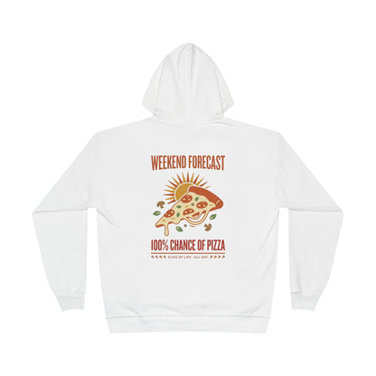 Pizza Lover Hoodie — Retro 70s "Slice of Life" Print, "100% Chance of Pizza", Weekend Forecast Foodie Gift Pullover