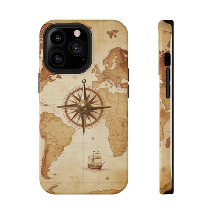 Vintage World Map Compass Phone Case — Nautical Explorer Impact-Resistant Case