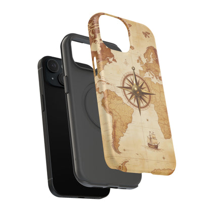 Vintage World Map Compass Phone Case — Nautical Explorer Impact-Resistant Case