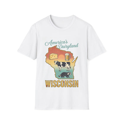 America's Dairyland T-Shirt | Wisconsin cheese cow map design