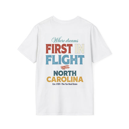 First in Flight airplane North Carolina T-Shirt | vintage lighthouse sunset