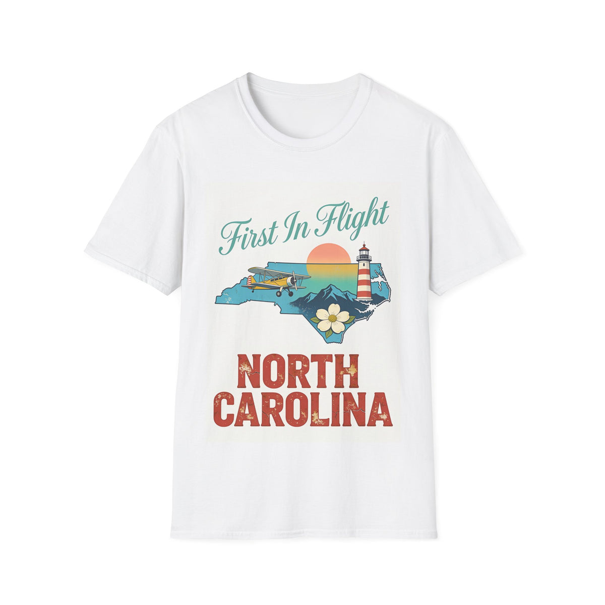 First in Flight airplane North Carolina T-Shirt | vintage lighthouse sunset