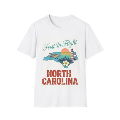 First in Flight airplane North Carolina T-Shirt | vintage lighthouse sunset