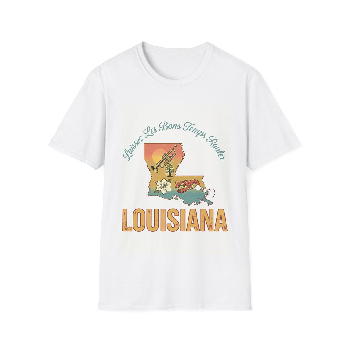 Laissez Les Bons Temps Rouler Louisiana T-Shirt | State Map, Trumpet, Sunset