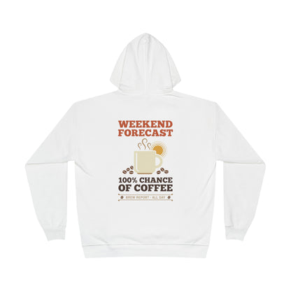 Coffee Lover Hoodie — Retro 70s "100% Chance of Coffee" Weather Report Print, Weekend Forecast, Vintage Barista Gift