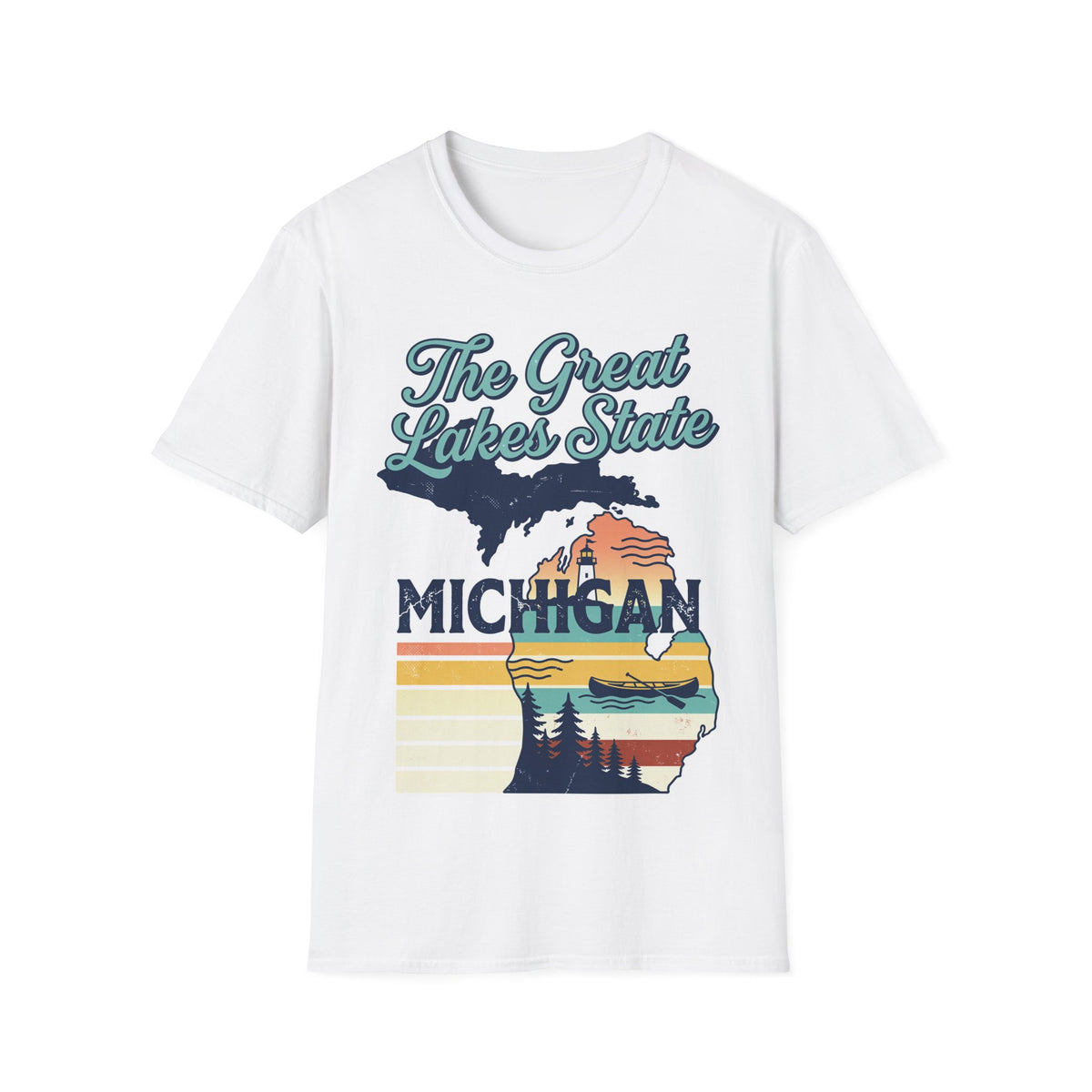 The Great Lakes State T-Shirt | Michigan map retro sunset