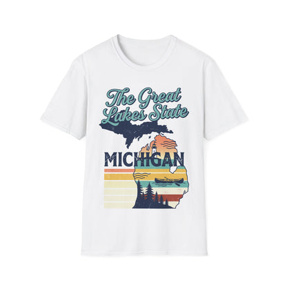 The Great Lakes State T-Shirt | Michigan map retro sunset