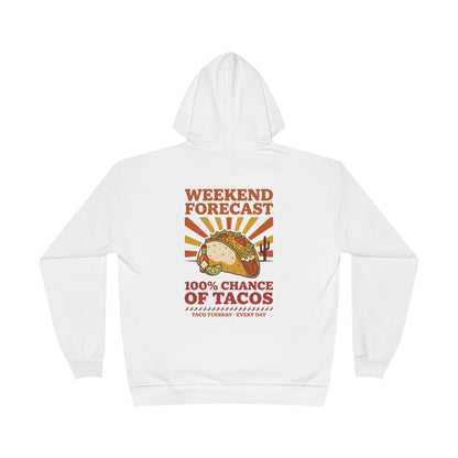 Taco Tuesday Hoodie — Retro 70s "100% Chance of Tacos" Print, Weekend Forecast Foodie Gift, Vintage Mexican Food Pullover