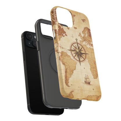 Vintage World Map Compass Phone Case — Nautical Explorer Impact-Resistant Case