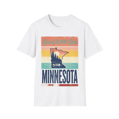 Land of 10,000 Lakes Minnesota T-Shirt | Retro Sunset State Outline