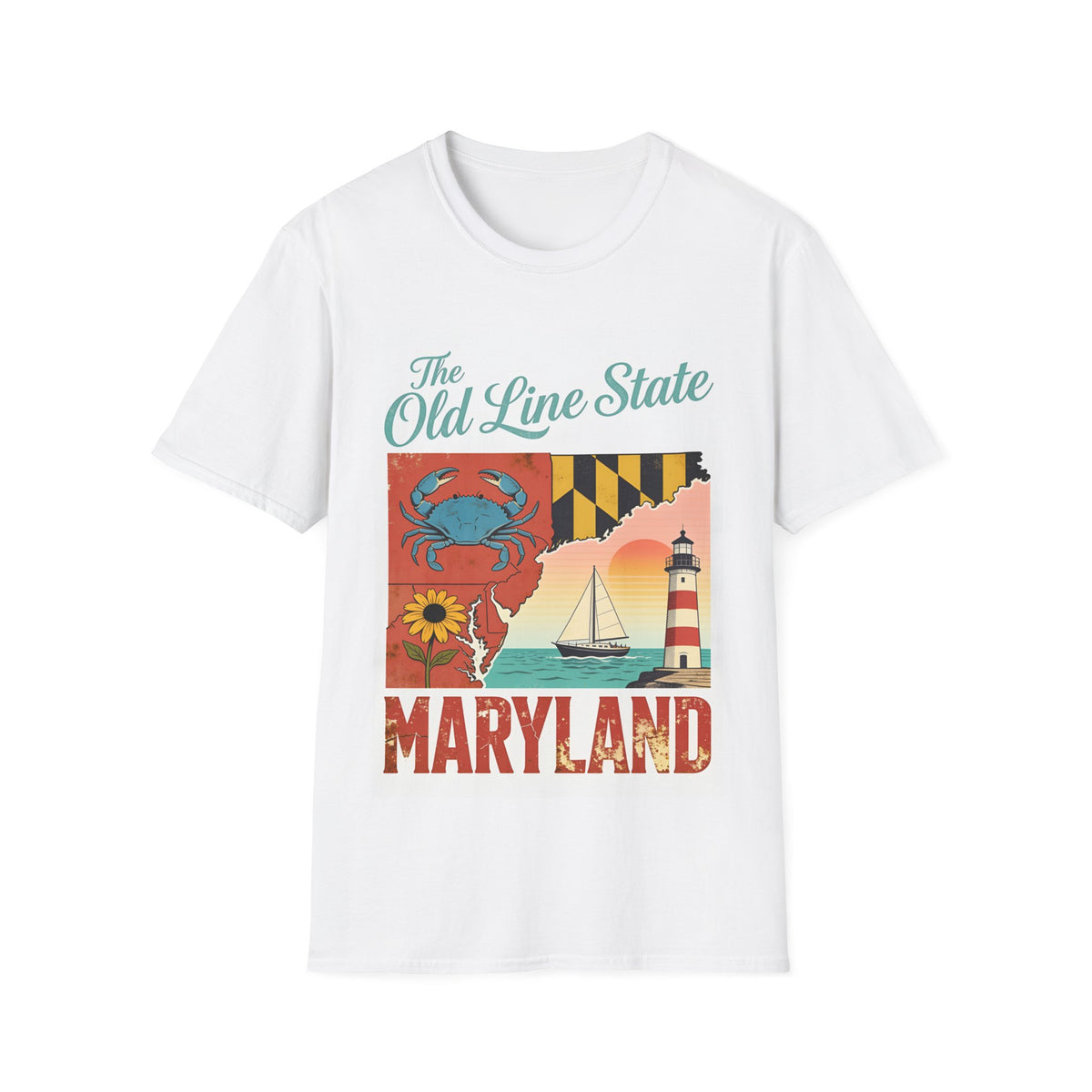 The Old Line State Maryland T-Shirt | Crab, Flag, Lighthouse, Sailboat
