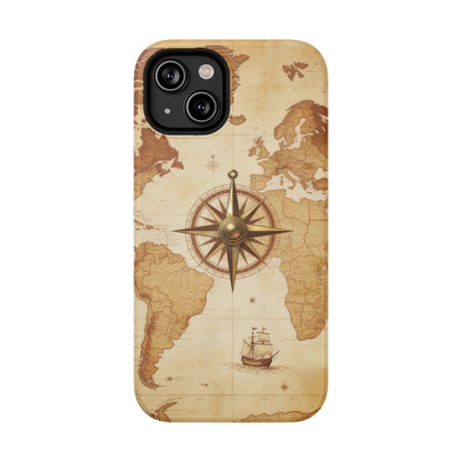 Vintage World Map Compass Phone Case — Nautical Explorer Impact-Resistant Case