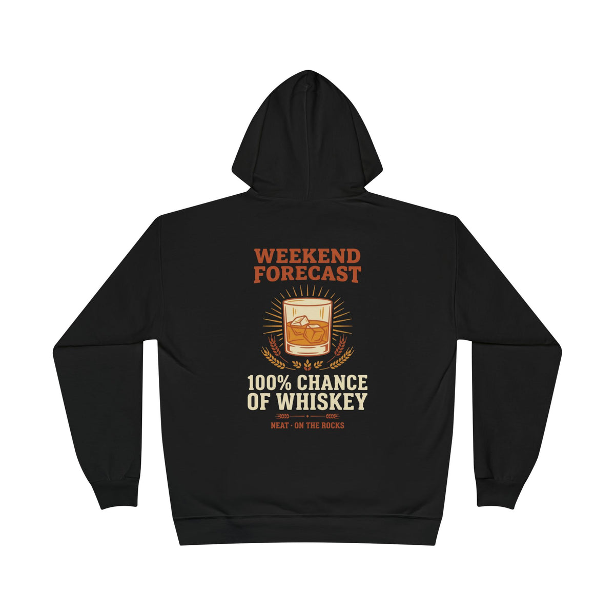 Whiskey Lover Hoodie — Retro 70s "Neat On The Rocks" Bourbon Print, Weekend Forecast Bar Gift Black Pullover