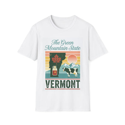Vermont Green Mountain State T-Shirt | Retro Sunset Maple Cow Design