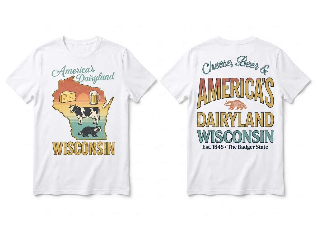 Wisconsin America's Dairyland front + back flat lay mockup