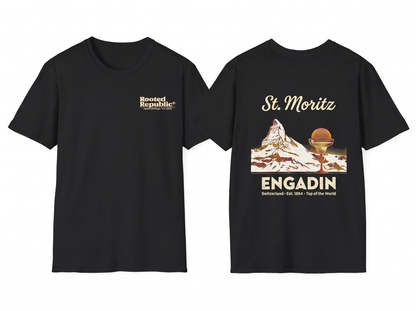 St. Moritz black tee flat lay mockup v3
