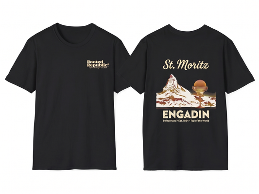St. Moritz black tee flat lay mockup v3