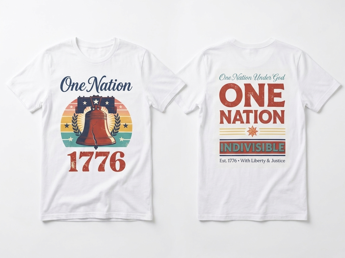 One Nation 1776 tee - front and back flat lay mockup