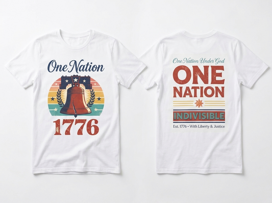 One Nation 1776 tee - front and back flat lay mockup