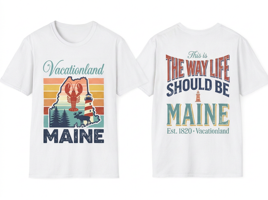 Maine tee - front and back flat lay mockup