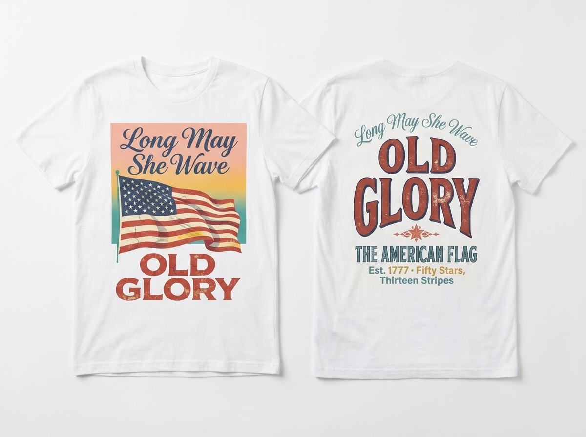 Long May She Wave tee - front and back flat lay mockup