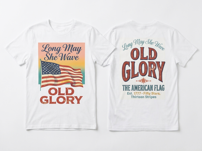 Long May She Wave tee - front and back flat lay mockup
