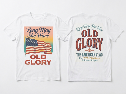 Long May She Wave tee - front and back flat lay mockup